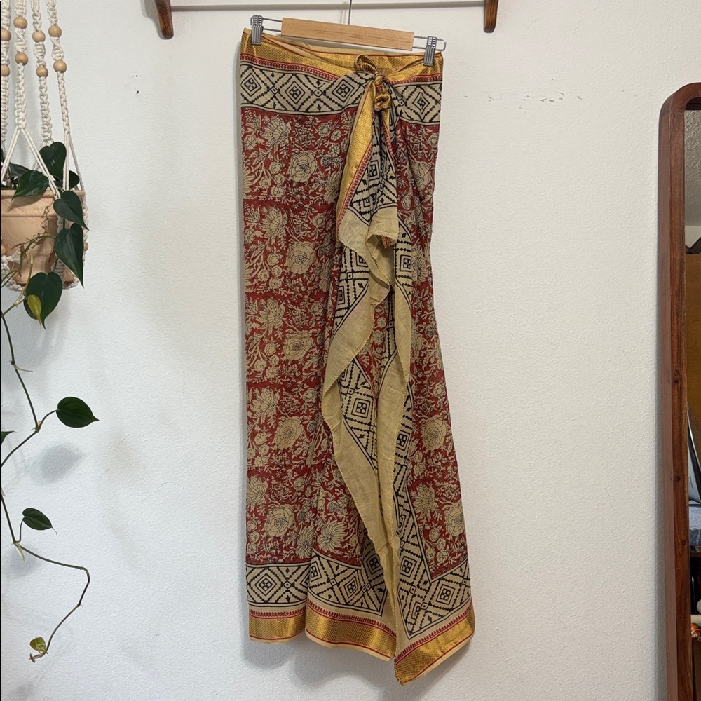 Sarong beach wrap pool coverup Floral Patterned Scarf with Gold Accents